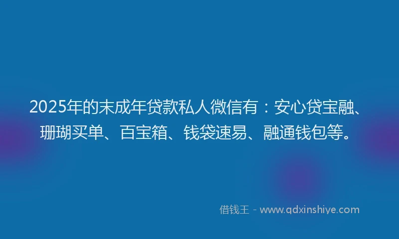 2025年的末成年贷款私人微信有:安心贷宝融、珊瑚买单、百宝箱、钱袋速易、融通钱包等。