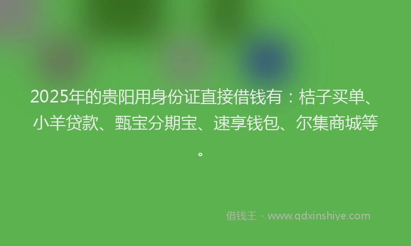 2025年的贵阳用身份证直接借钱有：桔子买单、小羊贷款、甄宝分期宝、速享钱包、尔集商城等。