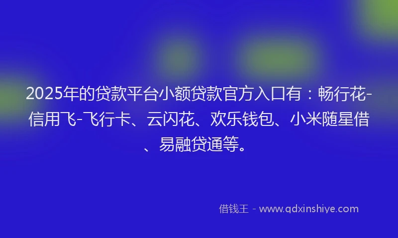 2025年的贷款平台小额贷款官方入口有：畅行花-信用飞-飞行卡、云闪花、欢乐钱包、小米随星借、易融贷通等。