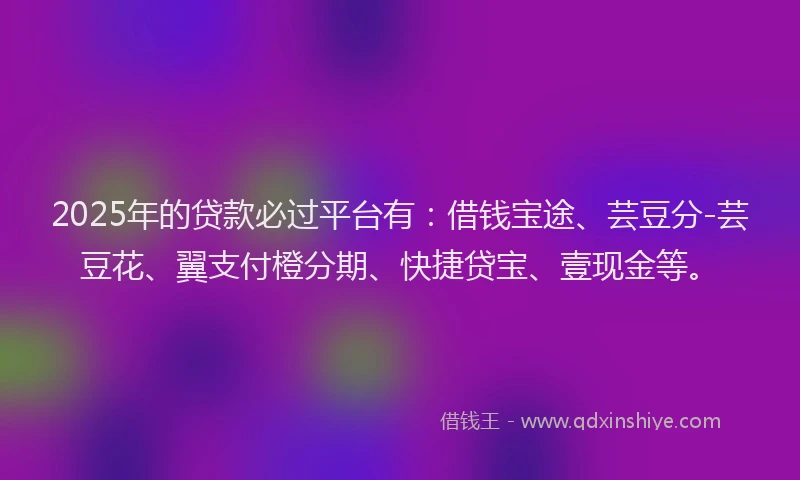 2025年的贷款必过平台有：借钱宝途、芸豆分-芸豆花、翼支付橙分期、快捷贷宝、壹现金等。