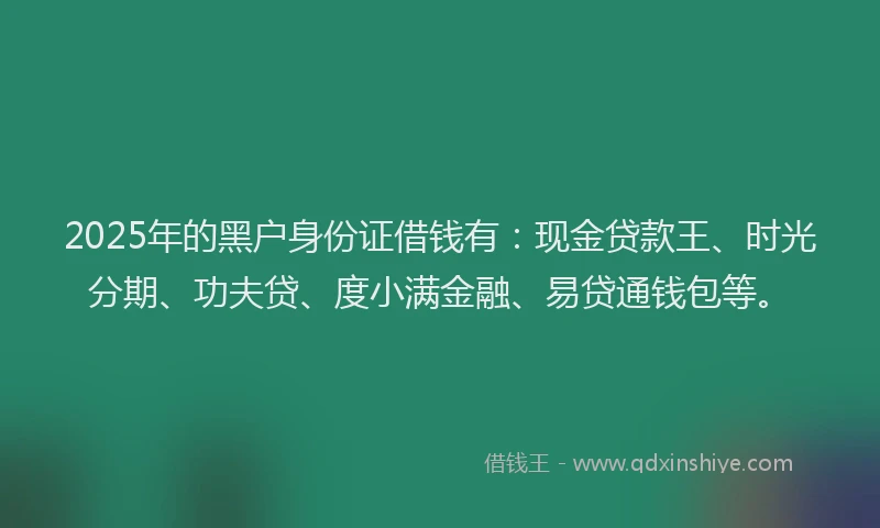 2025年的黑户身份证借钱有:现金贷款王、时光分期、功夫贷、度小满金融、易贷通钱包等。