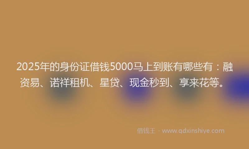 2025年的身份证借钱5000马上到账有哪些有：融资易、诺祥租机、星贷、现金秒到、享来花等。