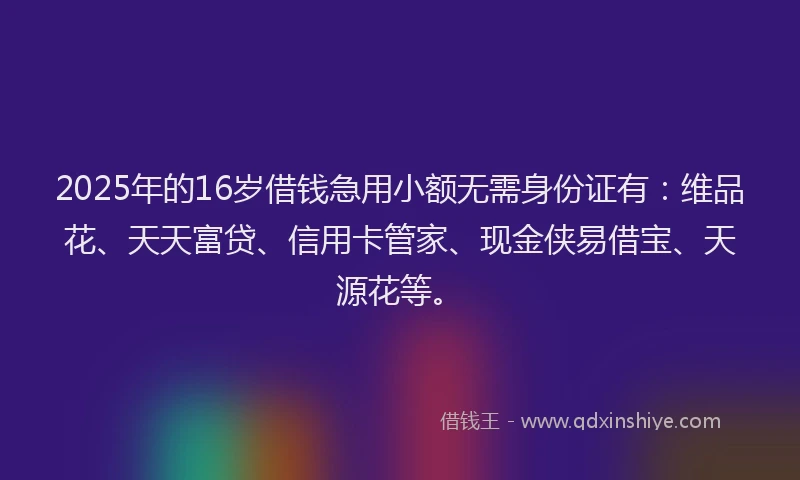 2025年的16岁借钱急用小额无需身份证有：维品花、天天富贷、信用卡管家、现金侠易借宝、天源花等。