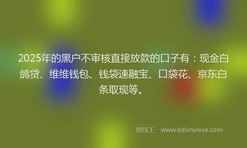 2025年的黑户不审核直接放款的口子有：现金白鸽贷、维维钱包、钱袋速融宝、口袋花、京东白条取现等。