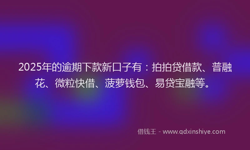 2025年的逾期下款新口子有：拍拍贷借款、普融花、微粒快借、菠萝钱包、易贷宝融等。