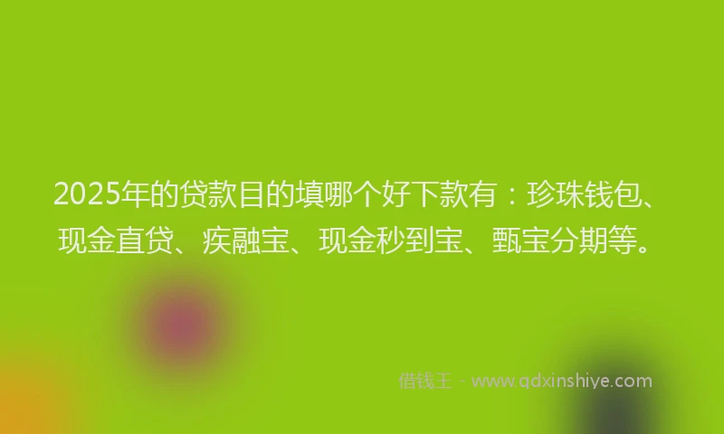 2025年的贷款目的填哪个好下款有：珍珠钱包、现金直贷、疾融宝、现金秒到宝、甄宝分期等。