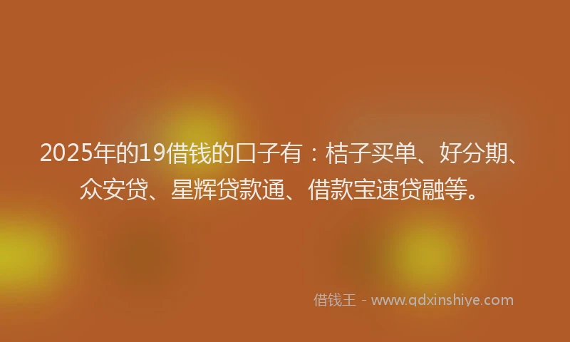 2025年的19借钱的口子有：桔子买单、好分期、众安贷、星辉贷款通、借款宝速贷融等。