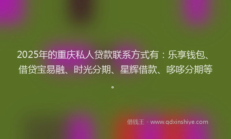 2025年的重庆私人贷款联系方式有：乐享钱包、借贷宝易融、时光分期、星辉借款、哆哆分期等。