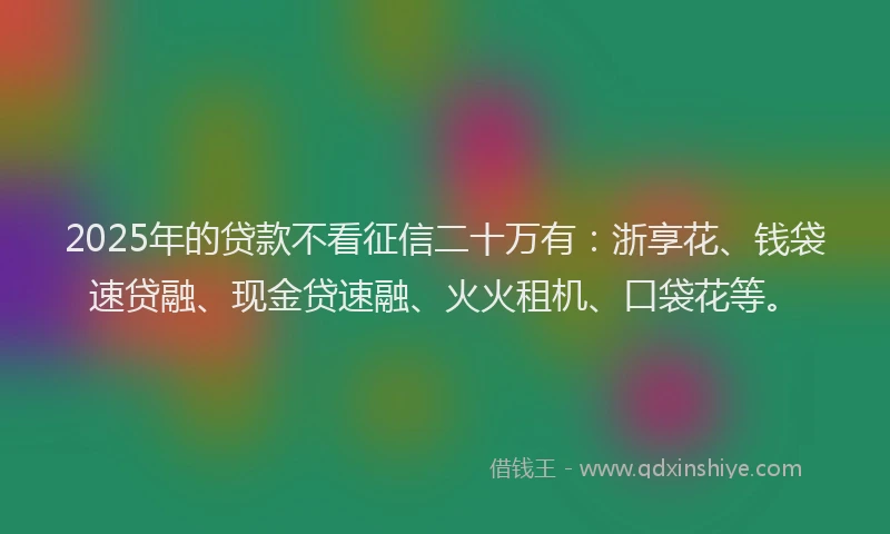 2025年的贷款不看征信二十万有：浙享花、钱袋速贷融、现金贷速融、火火租机、口袋花等。