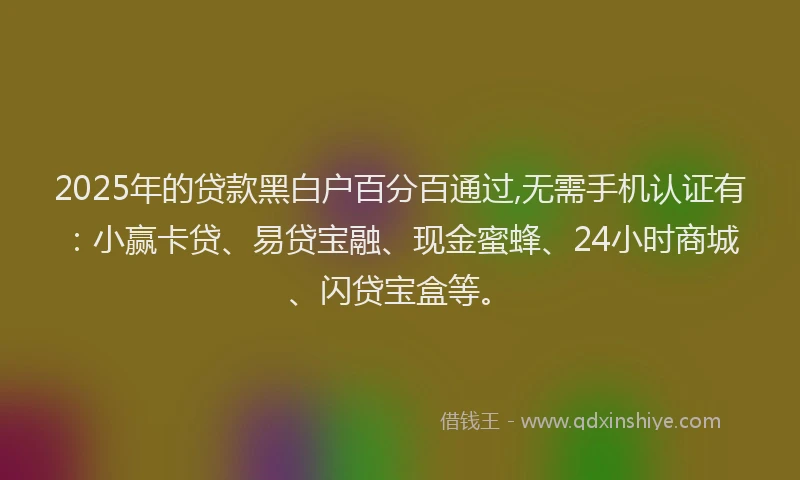2025年的贷款黑白户百分百通过,无需手机认证有：小赢卡贷、易贷宝融、现金蜜蜂、24小时商城、闪贷宝盒等。