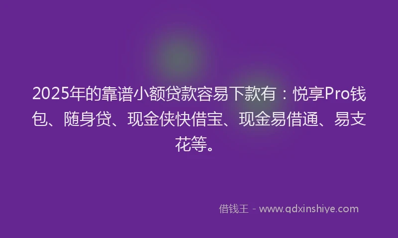 2025年的靠谱小额贷款容易下款有：悦享Pro钱包、随身贷、现金侠快借宝、现金易借通、易支花等。