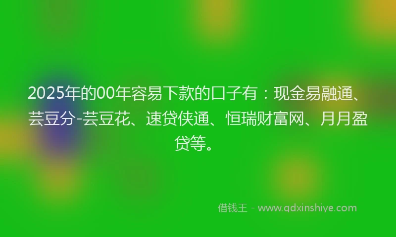 2025年的00年容易下款的口子有：现金易融通、芸豆分-芸豆花、速贷侠通、恒瑞财富网、月月盈贷等。