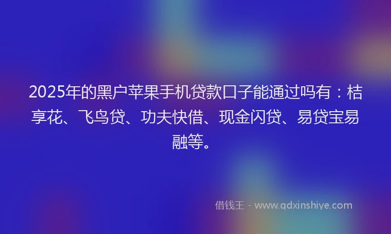 2025年的黑户苹果手机贷款口子能通过吗有：桔享花、飞鸟贷、功夫快借、现金闪贷、易贷宝易融等。