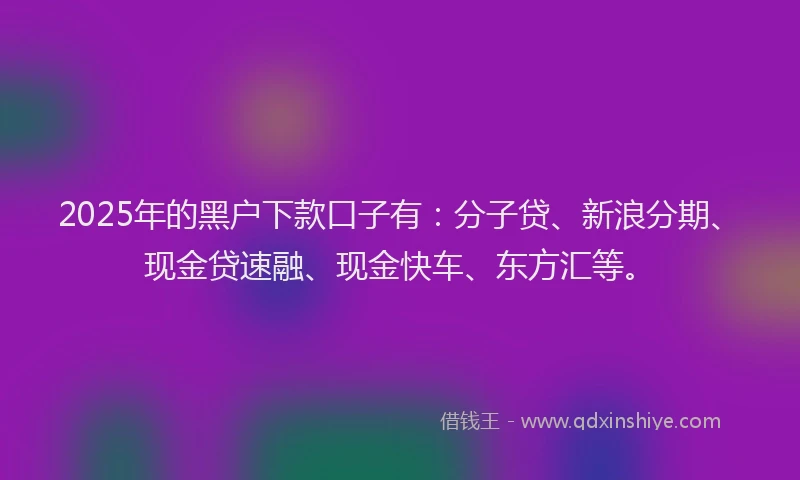 2025年的黑户下款口子有：分子贷、新浪分期、现金贷速融、现金快车、东方汇等。