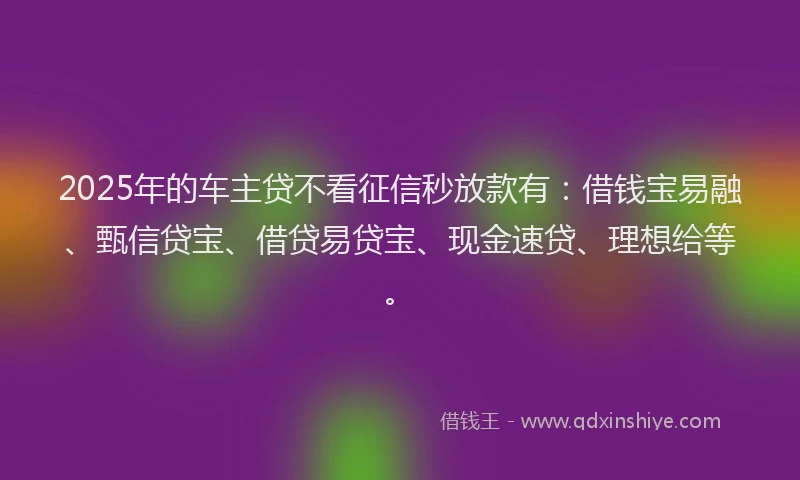2025年的车主贷不看征信秒放款有：借钱宝易融、甄信贷宝、借贷易贷宝、现金速贷、理想给等。