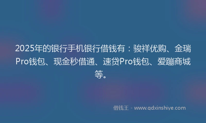 2025年的银行手机银行借钱有：骏祥优购、金瑞Pro钱包、现金秒借通、速贷Pro钱包、爱蹦商城等。