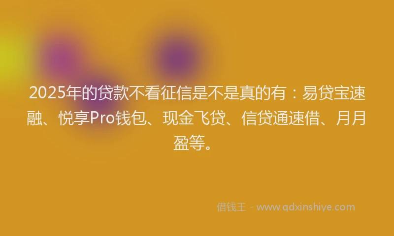 2025年的贷款不看征信是不是真的有：易贷宝速融、悦享Pro钱包、现金飞贷、信贷通速借、月月盈等。