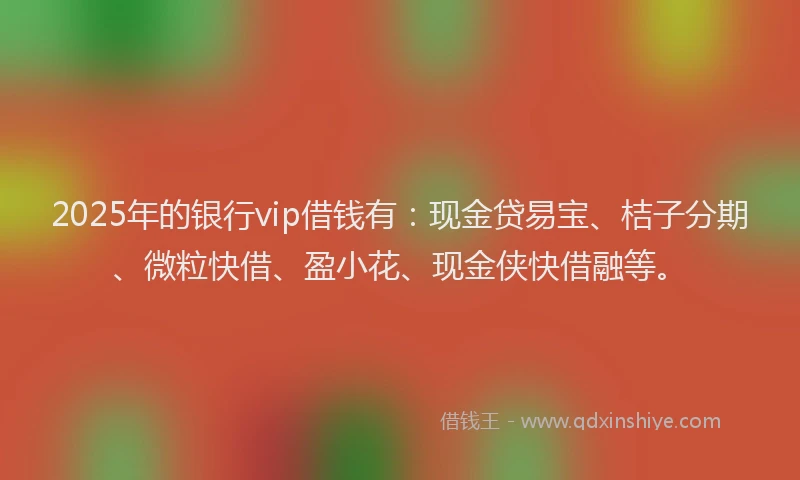2025年的银行vip借钱有：现金贷易宝、桔子分期、微粒快借、盈小花、现金侠快借融等。