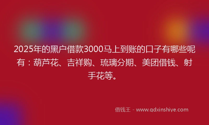 2025年的黑户借款3000马上到账的口子有哪些呢有：葫芦花、吉祥购、琉璃分期、美团借钱、射手花等。