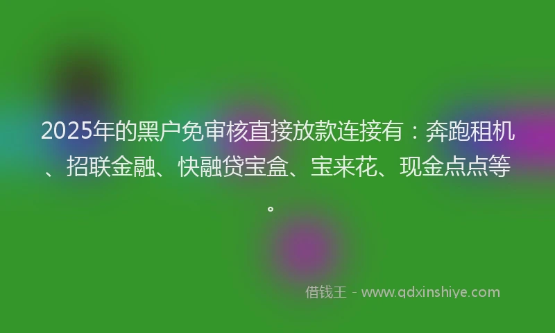 2025年的黑户免审核直接放款连接有：奔跑租机、招联金融、快融贷宝盒、宝来花、现金点点等。
