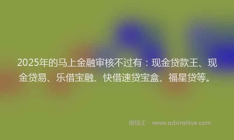 2025年的马上金融审核不过有：现金贷款王、现金贷易、乐借宝融、快借速贷宝盒、福星贷等。