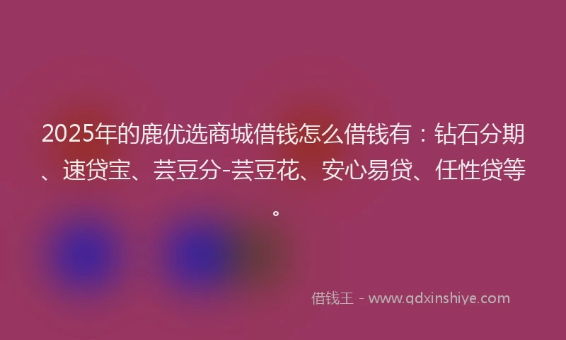 2025年的鹿优选商城借钱怎么借钱有：钻石分期、速贷宝、芸豆分-芸豆花、安心易贷、任性贷等。