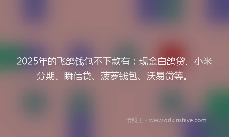 2025年的飞鸽钱包不下款有：现金白鸽贷、小米分期、瞬信贷、菠萝钱包、沃易贷等。