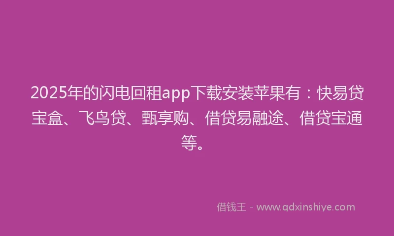 2025年的闪电回租app下载安装苹果有：快易贷宝盒、飞鸟贷、甄享购、借贷易融途、借贷宝通等。