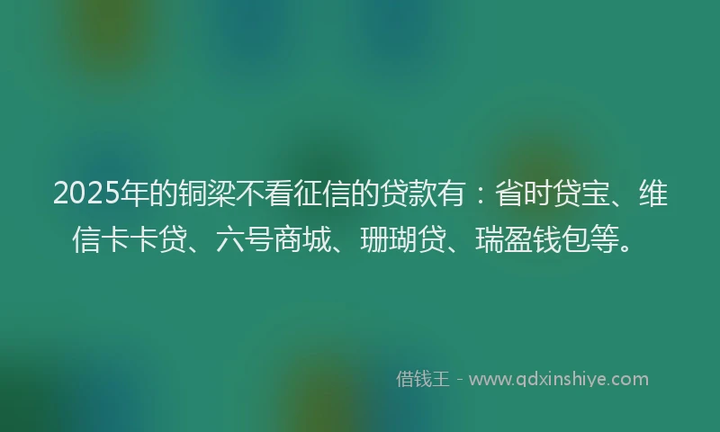 2025年的铜梁不看征信的贷款有：省时贷宝、维信卡卡贷、六号商城、珊瑚贷、瑞盈钱包等。