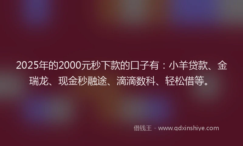 2025年的2000元秒下款的口子有：小羊贷款、金瑞龙、现金秒融途、滴滴数科、轻松借等。