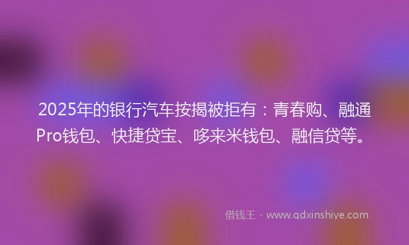 2025年的银行汽车按揭被拒有：青春购、融通Pro钱包、快捷贷宝、哆来米钱包、融信贷等。