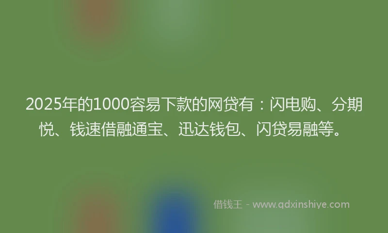 2025年的1000容易下款的网贷有：闪电购、分期悦、钱速借融通宝、迅达钱包、闪贷易融等。