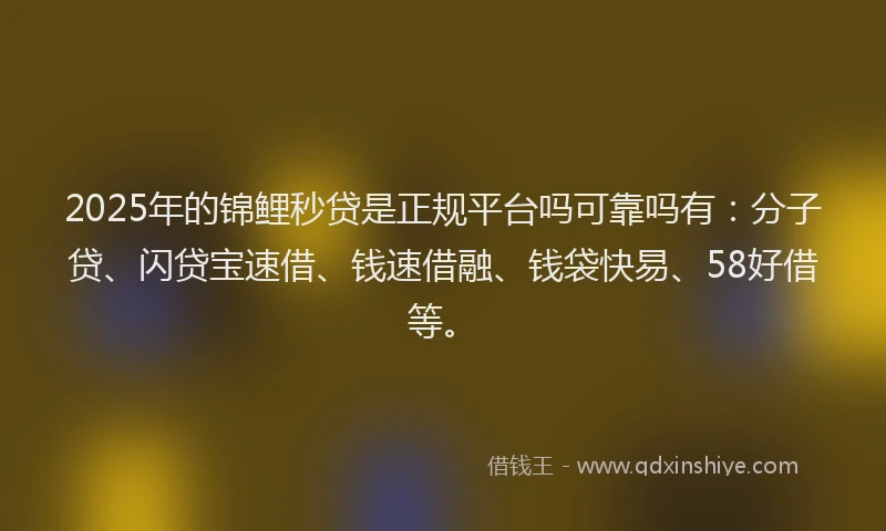 2025年的锦鲤秒贷是正规平台吗可靠吗有：分子贷、闪贷宝速借、钱速借融、钱袋快易、58好借等。