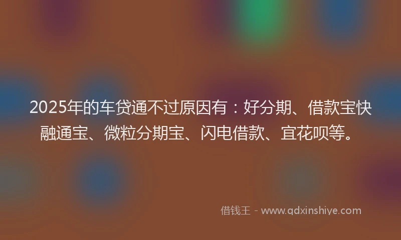 2025年的车贷通不过原因有：好分期、借款宝快融通宝、微粒分期宝、闪电借款、宜花呗等。