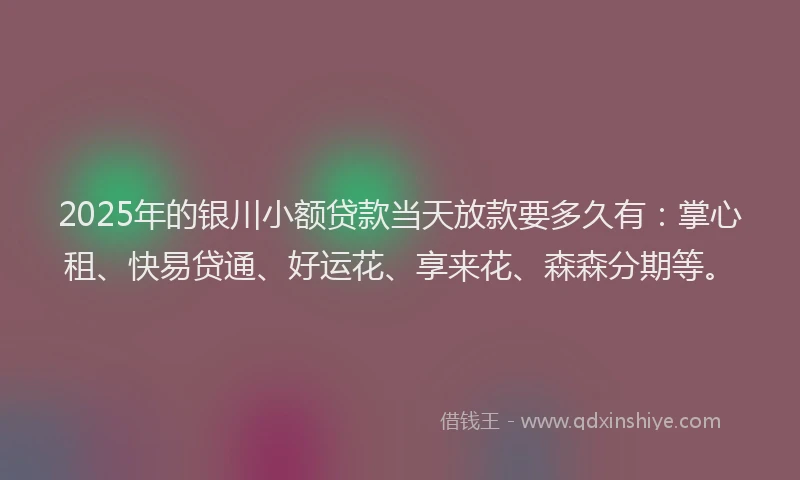 2025年的银川小额贷款当天放款要多久有：掌心租、快易贷通、好运花、享来花、森森分期等。