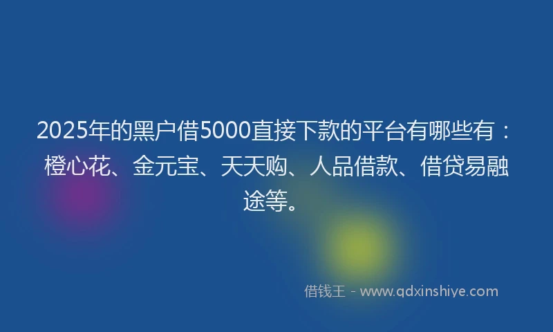 2025年的黑户借5000直接下款的平台有哪些有：橙心花、金元宝、天天购、人品借款、借贷易融途等。