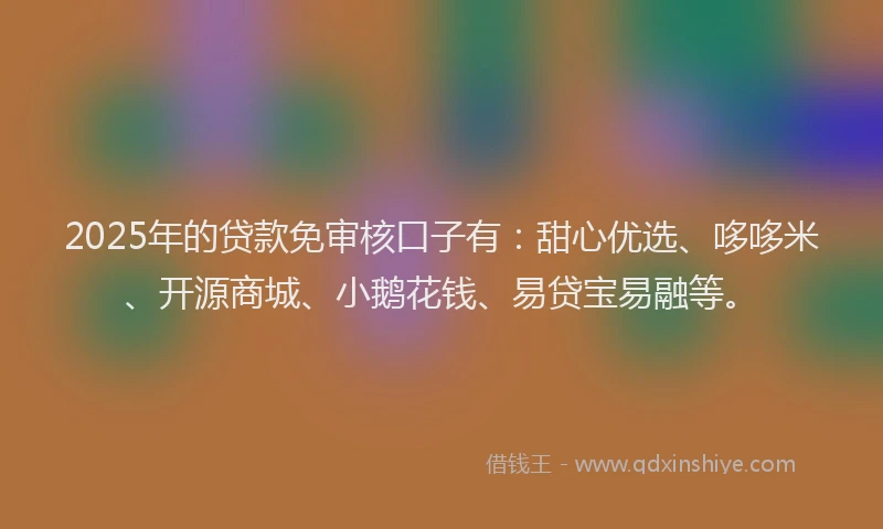 2025年的贷款免审核口子有：甜心优选、哆哆米、开源商城、小鹅花钱、易贷宝易融等。