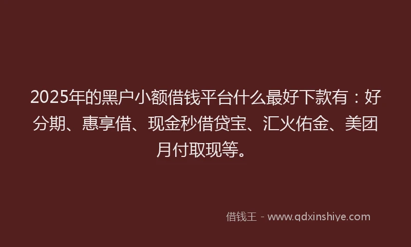 2025年的黑户小额借钱平台什么最好下款有：好分期、惠享借、现金秒借贷宝、汇火佑金、美团月付取现等。