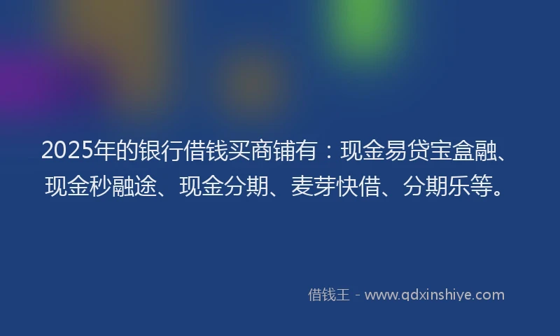 2025年的银行借钱买商铺有：现金易贷宝盒融、现金秒融途、现金分期、麦芽快借、分期乐等。