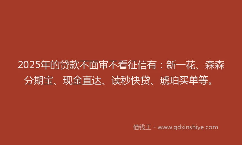 2025年的贷款不面审不看征信有：新一花、森森分期宝、现金直达、读秒快贷、琥珀买单等。