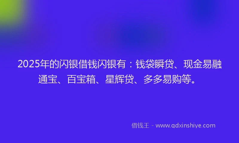 2025年的闪银借钱闪银有：钱袋瞬贷、现金易融通宝、百宝箱、星辉贷、多多易购等。
