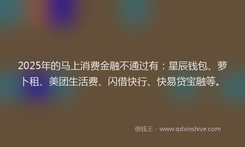 2025年的马上消费金融不通过有：星辰钱包、萝卜租、美团生活费、闪借快行、快易贷宝融等。