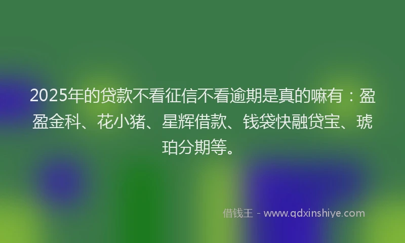 2025年的贷款不看征信不看逾期是真的嘛有：盈盈金科、花小猪、星辉借款、钱袋快融贷宝、琥珀分期等。