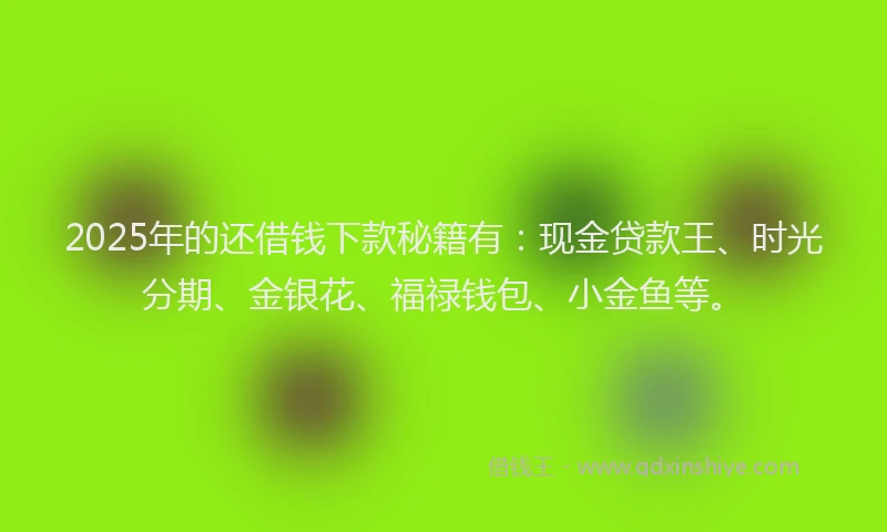 2025年的还借钱下款秘籍有：现金贷款王、时光分期、金银花、福禄钱包、小金鱼等。
