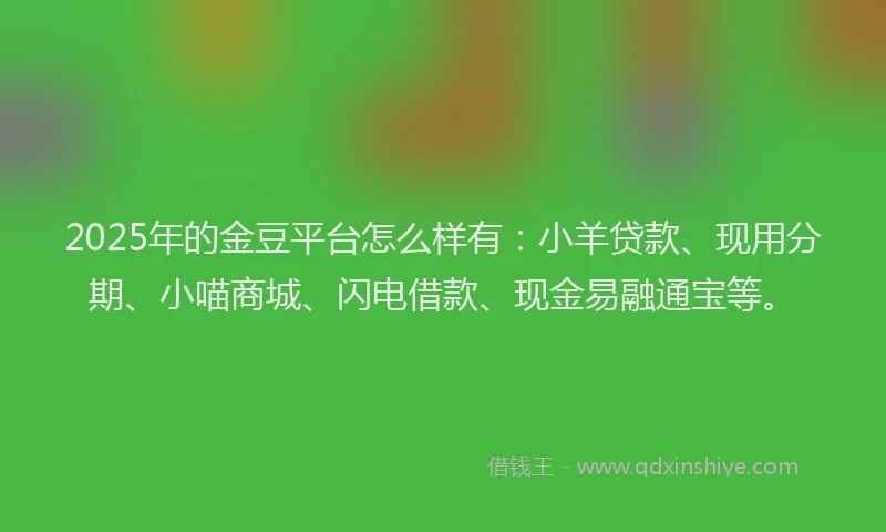 2025年的金豆平台怎么样有：小羊贷款、现用分期、小喵商城、闪电借款、现金易融通宝等。