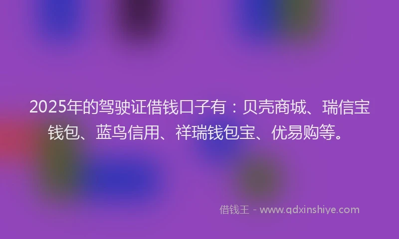 2025年的驾驶证借钱口子有：贝壳商城、瑞信宝钱包、蓝鸟信用、祥瑞钱包宝、优易购等。