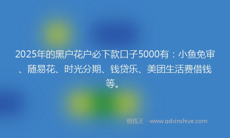 2025年的黑户花户必下款口子5000有：小鱼免审、随易花、时光分期、钱贷乐、美团生活费借钱等。