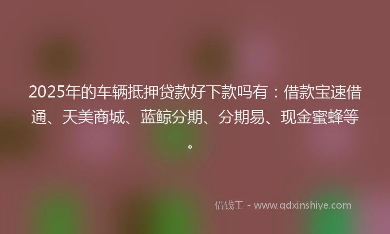 2025年的车辆抵押贷款好下款吗有：借款宝速借通、天美商城、蓝鲸分期、分期易、现金蜜蜂等。