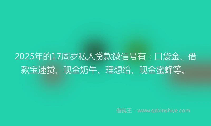 2025年的17周岁私人贷款微信号有：口袋金、借款宝速贷、现金奶牛、理想给、现金蜜蜂等。