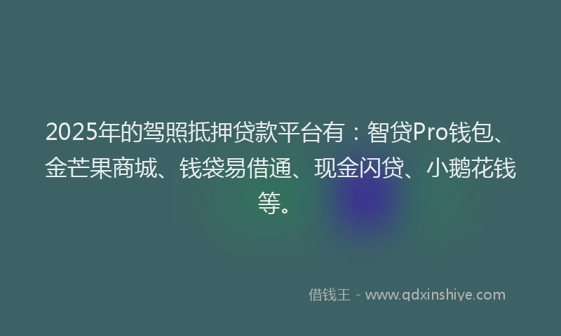 2025年的驾照抵押贷款平台有：智贷Pro钱包、金芒果商城、钱袋易借通、现金闪贷、小鹅花钱等。